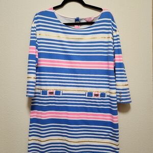 Lilly Pulitzer VintagBlue, White & Pink Striped Boatneck Dress with Gold Accents